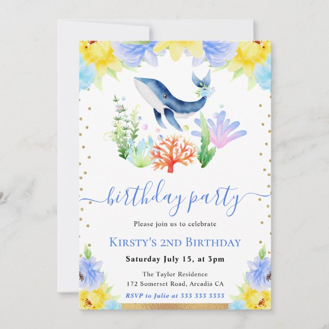 Watercolor Floral Underwater Whale Birthday Party Invitation (Front)