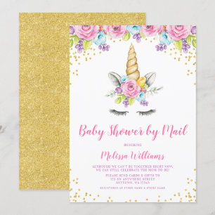 Watercolor Floral Unicorn Baby Shower by Mail Invitation