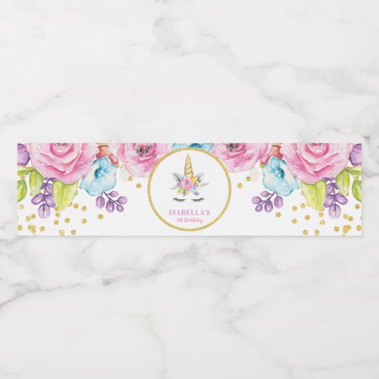 watercolor floral unicorn birthday water bottle label