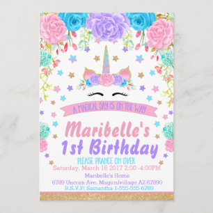 Watercolor Floral Unicorn Face Birthday Party Invitation