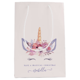 Watercolor floral unicorn face Christmas Medium Gift Bag