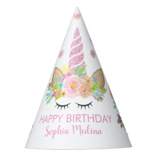 Watercolor Floral Unicorn Girl Birthday Party  Party Hat
