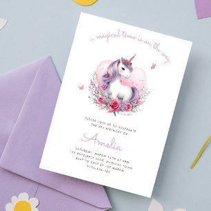 Watercolor Floral Unicorn Magical Birthday Party Invitation