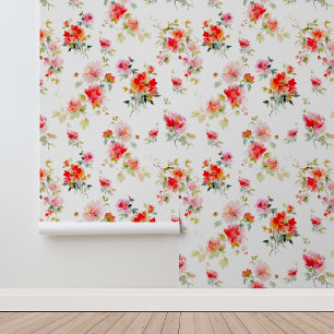 Watercolor floral Vibrant Coral, Pink and Orange Wallpaper