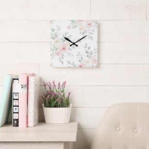 Watercolor Floral Wall Clock – Pastel Pink & Green