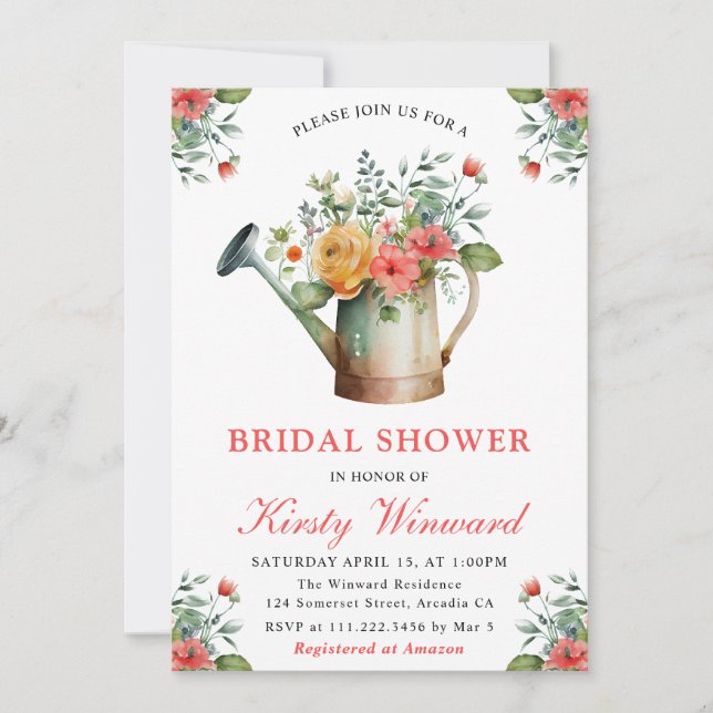 Watercolor Floral Watering Can Bridal Shower Invitation (Front)