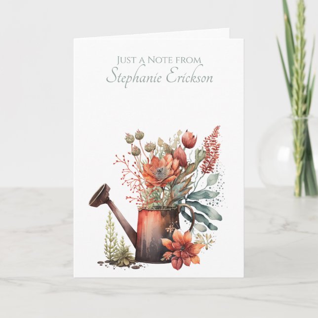 Watercolor Floral Watering Can, Rustic Botanical Note Card (Front)