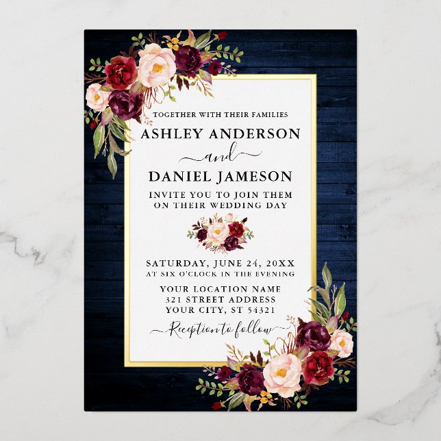 Watercolor Floral Wedding Blue Wood Gold (Front)