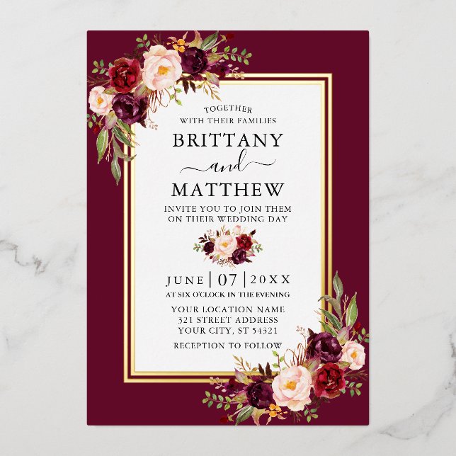 Watercolor Floral Wedding Burgundy 2 Frame Gold (Front)