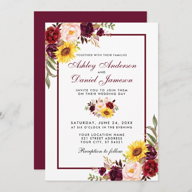 Watercolor Floral Wedding Burgundy Invitation (Front/Back)