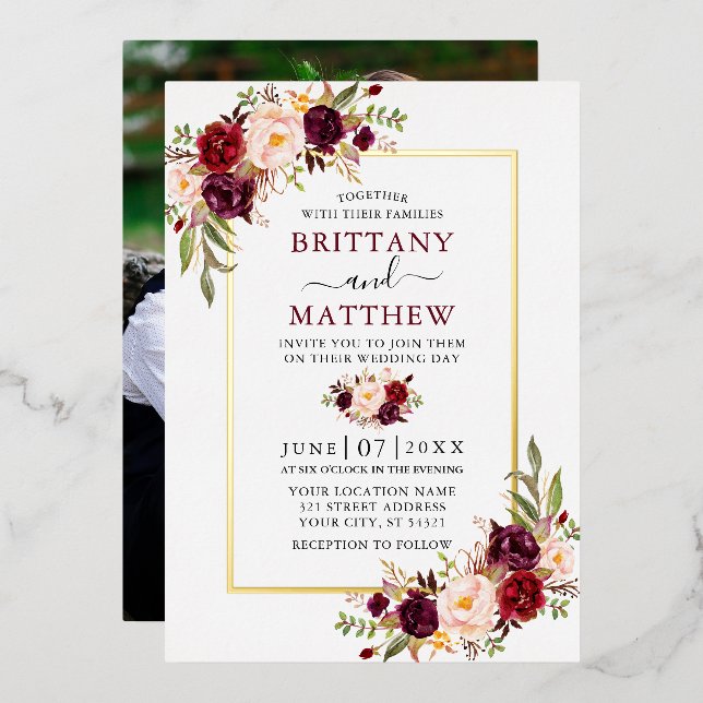 Watercolor Floral Wedding Burgundy Photo Gold (Front/Back)