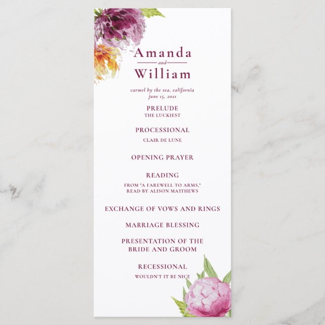 Watercolor Floral Wedding Ceremony Program (Front)