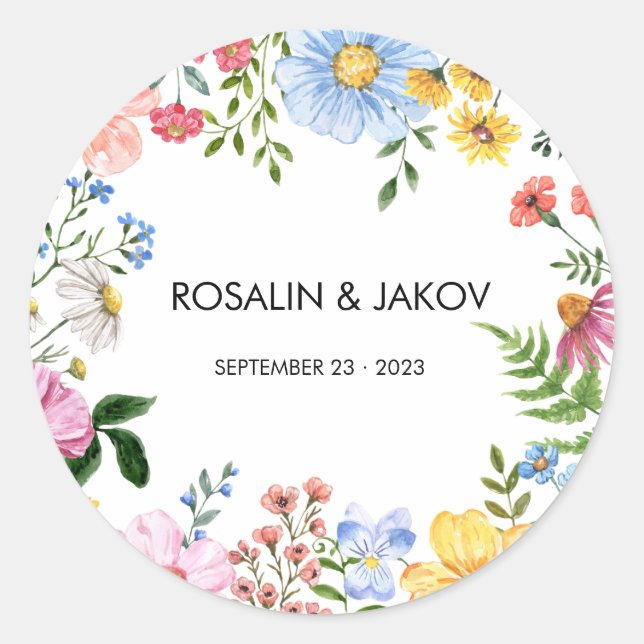 Watercolor Floral Wedding  Classic Round Sticker (Front)