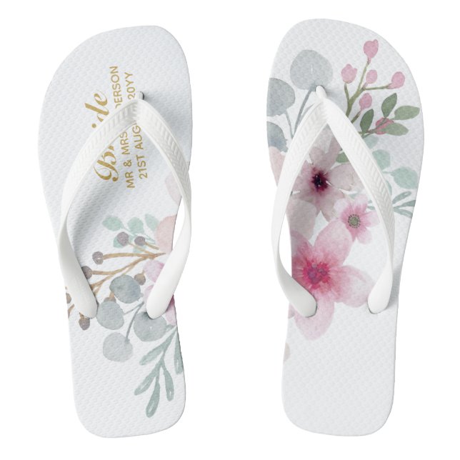 Watercolor Floral Wedding Flipflops BRIDE Boho (Footbed)