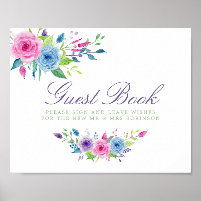 Watercolor Floral Wedding Guestbook Sign (Front)