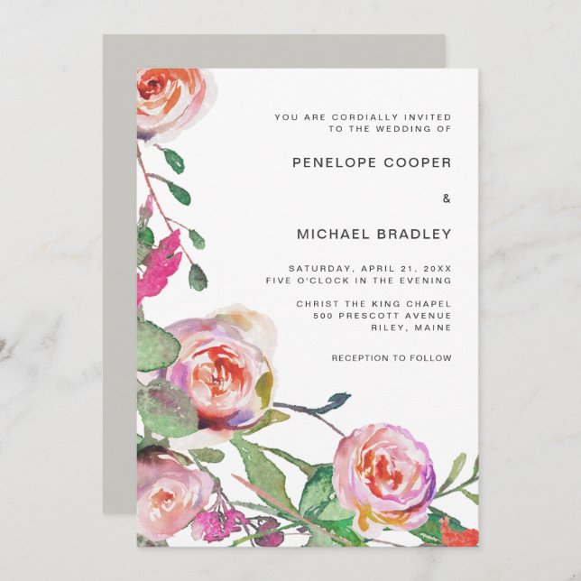 Watercolor Floral Wedding Invitation in Grey (Front/Back)