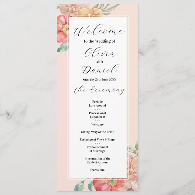 Watercolor Floral Wedding Menu Ceremony Details (Front)