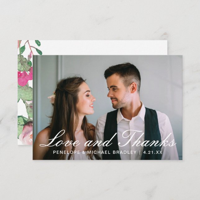 Watercolor Floral Wedding Photo Thank You Card (Front/Back)