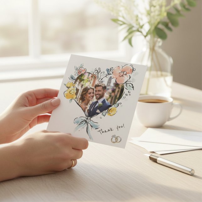 Watercolor Floral Wedding Photo Thank You card  (Creator Uploaded)