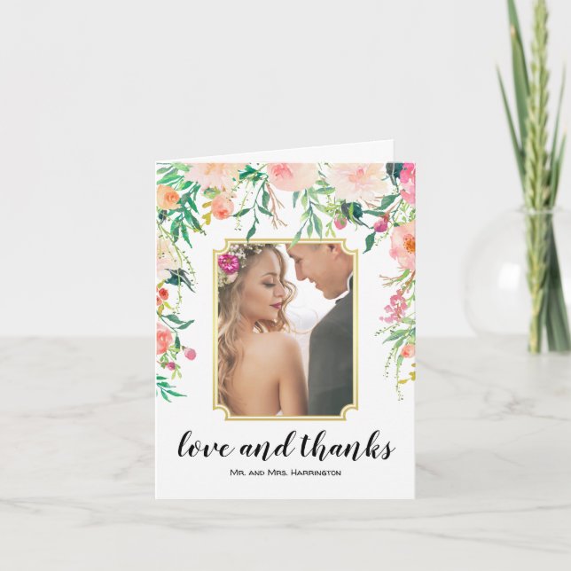 Watercolor Floral Wedding Photo Thank You Card (Front)