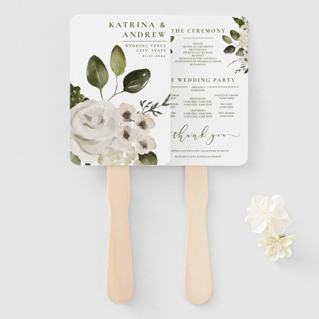 Watercolor Floral Wedding Program Fans (Front and Back)