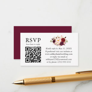 Watercolor Floral Wedding QR RSVP Burgundy Enclosure Card