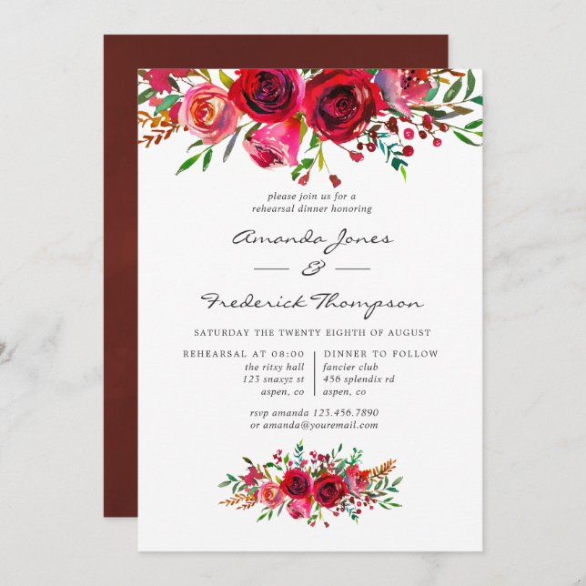 Watercolor Floral Wedding Rehearsal Dinner Invitation (Front/Back)