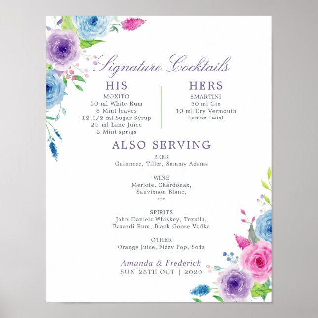 Watercolor Floral Wedding Signature Cocktails Menu Poster (Front)