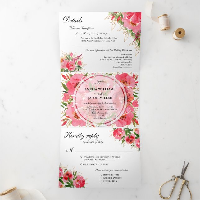 Watercolor Floral Wedding Tri-Fold Invitation (Inside)