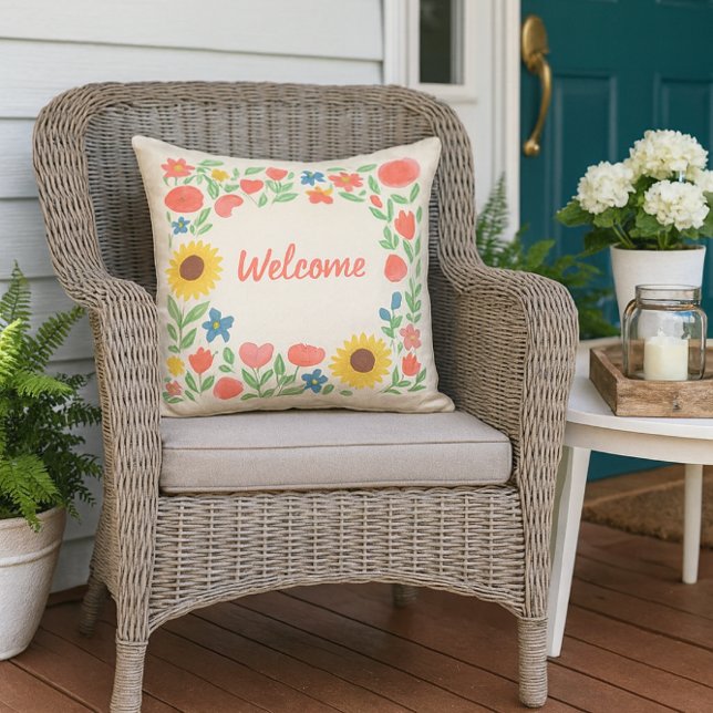 Watercolor Floral Welcome to our Home  Cushion (Welcome guests to your porch or outdoor space with a floral porch pillow )