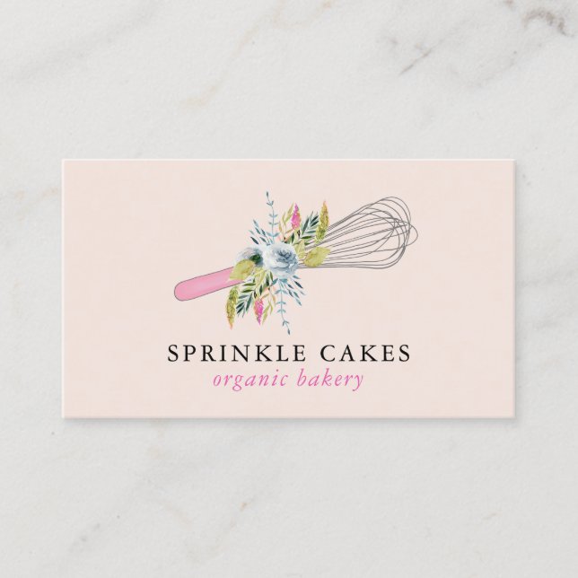 Watercolor Floral Whisk Bakery Business Card (Front)