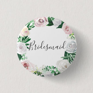 Watercolor Floral White Green Bridesmaid 3 Cm Round Badge