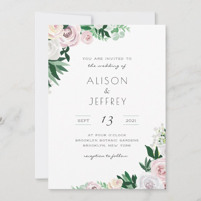 Watercolor Floral White Green Pink Wedding Invitation (Front)