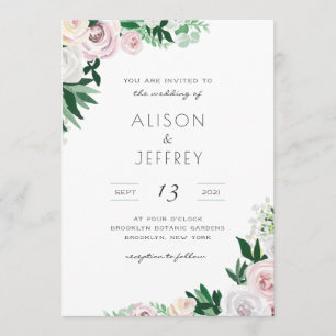 Watercolor Floral White Green Pink Wedding Invitation