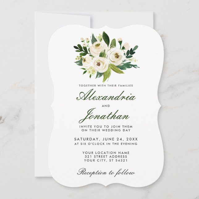 Watercolor Floral White Green Wedding Invite BR (Front)