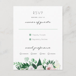 Watercolor Floral White Green Wedding RSVP