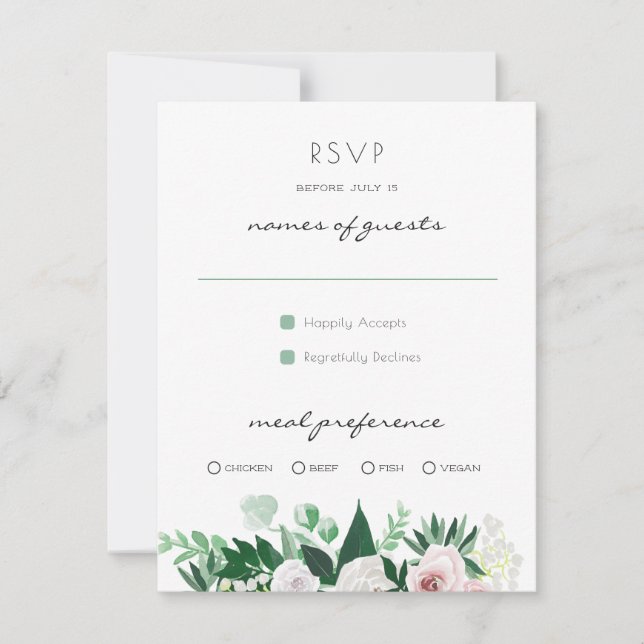 Watercolor Floral White Green Wedding RSVP (Front)