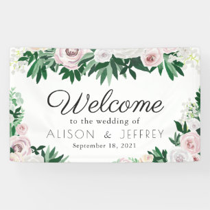 Watercolor Floral White Green Wedding Welcome Banner