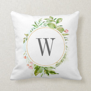 Watercolor Floral Wild Green Foliage Monogram Cushion