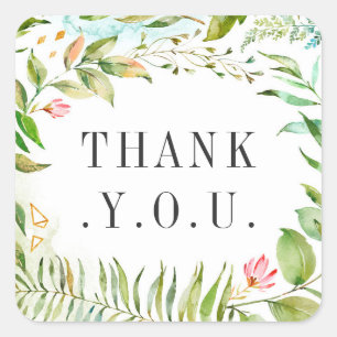 Watercolor Floral Wild Green Foliage Thank You Square Sticker