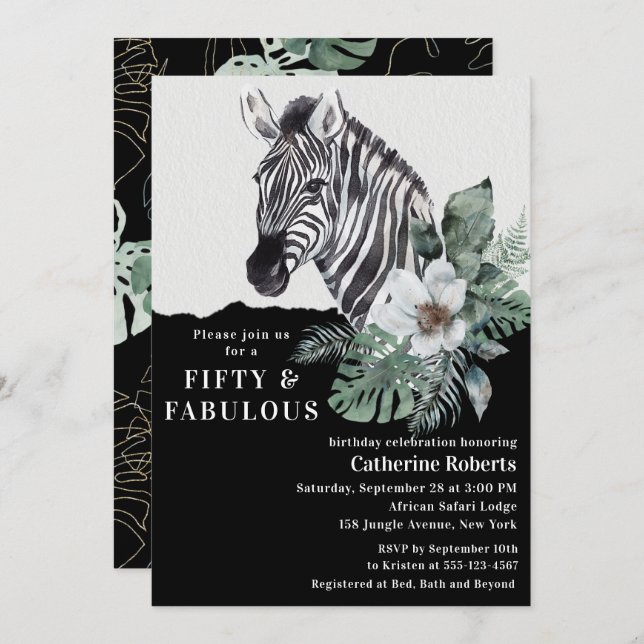 Watercolor Floral Wild Zebra Fifty 50th Birthday Invitation (Front/Back)