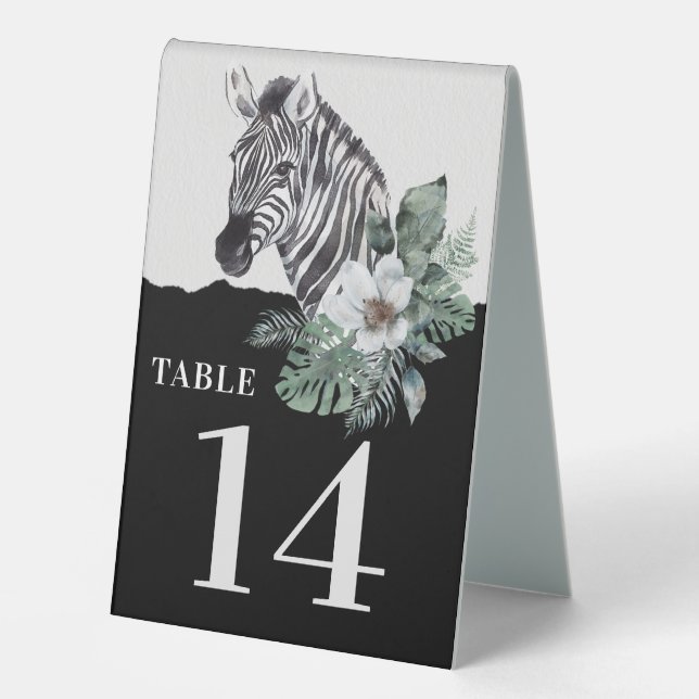 Watercolor Floral Wild Zebra Safari Table Numbers (Front)