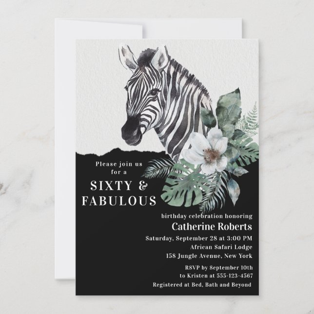 Watercolor Floral Wild Zebra Sixty 60th Birthday Invitation (Front)
