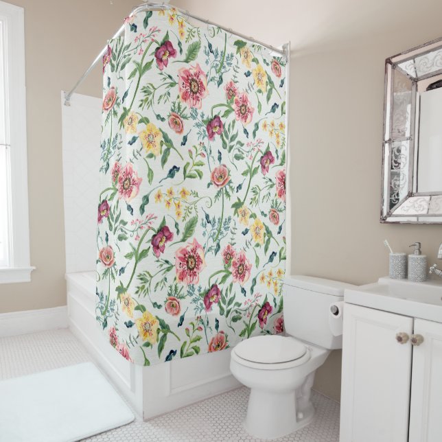Watercolor Floral Wildflowers Pink Yellow Flowers Shower Curtain (In Situ)
