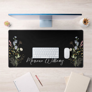  watercolor floral wilfdlowers personalised black  desk mat
