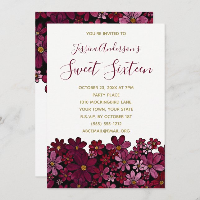 Watercolor Floral Wine Gold Sweet 16 Birthday Invitation (Front/Back)