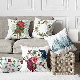 Watercolor floral winter pine flowers Winter decor Cushion