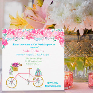 Watercolor Floral With Bicycle Birthday  Invitation