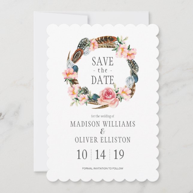 Watercolor Floral with Feathers | Save the Date (Front)