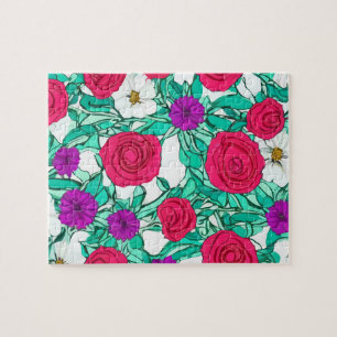 Watercolor Floral With Pink Roses Jigsaw Puzzle